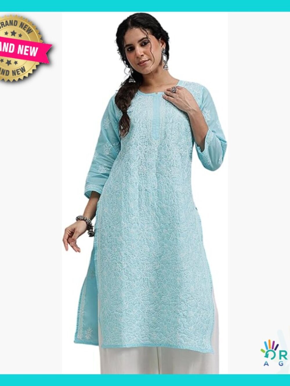 Hand Embroidered Chikankari Cotton Kurta Tunic Elegant Traditional Indian Dress